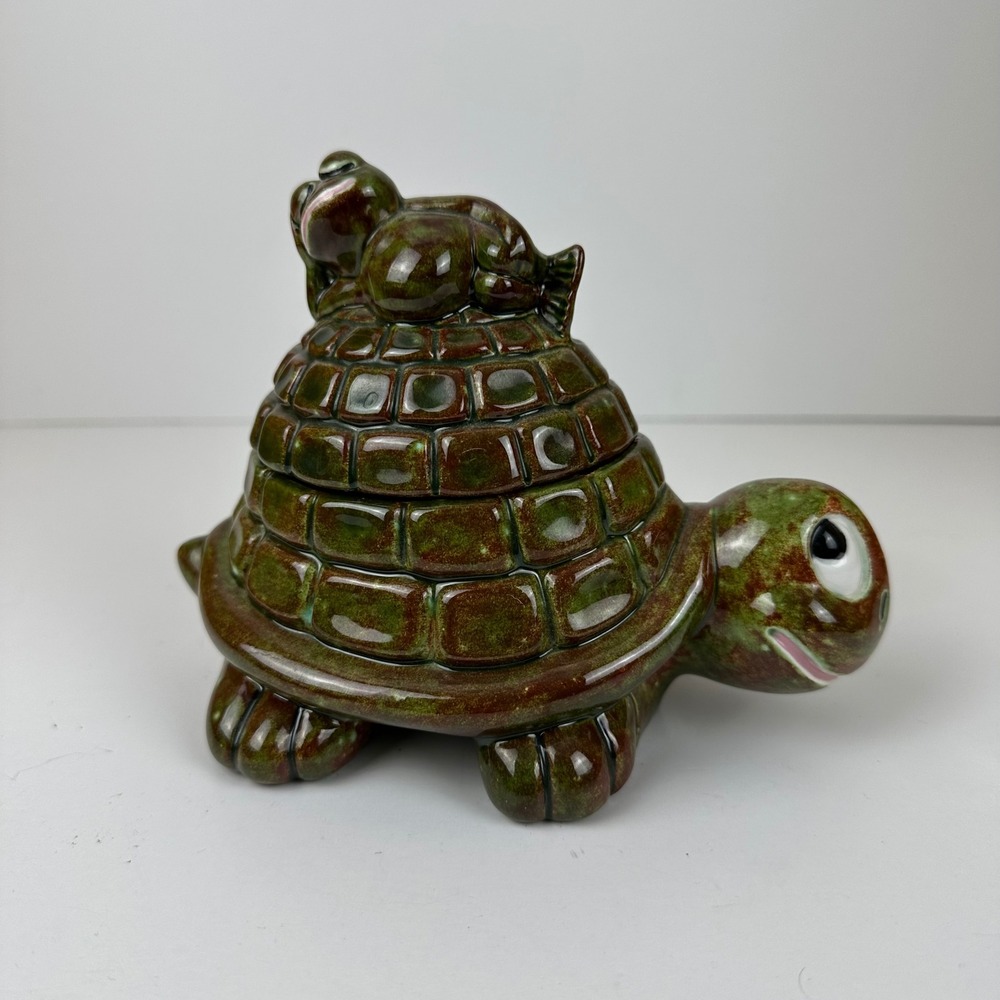 Vintage 1992 Ceramic Turtle Frog Trinket Box Green Brown Glaze Studio Pottery